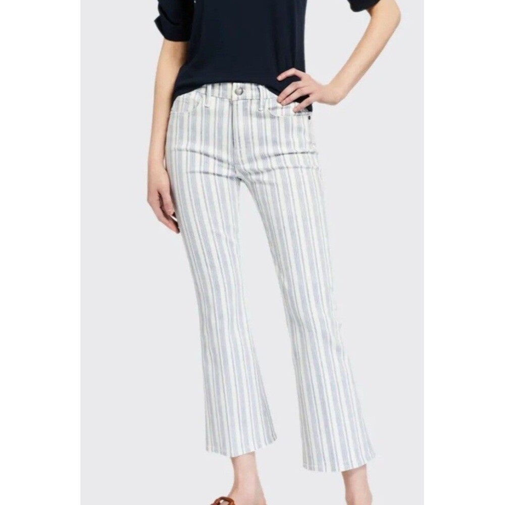 Frame Le Crop Mini Boot Jeans Women Size 31 White Blue Pin Stripe Flare Wide